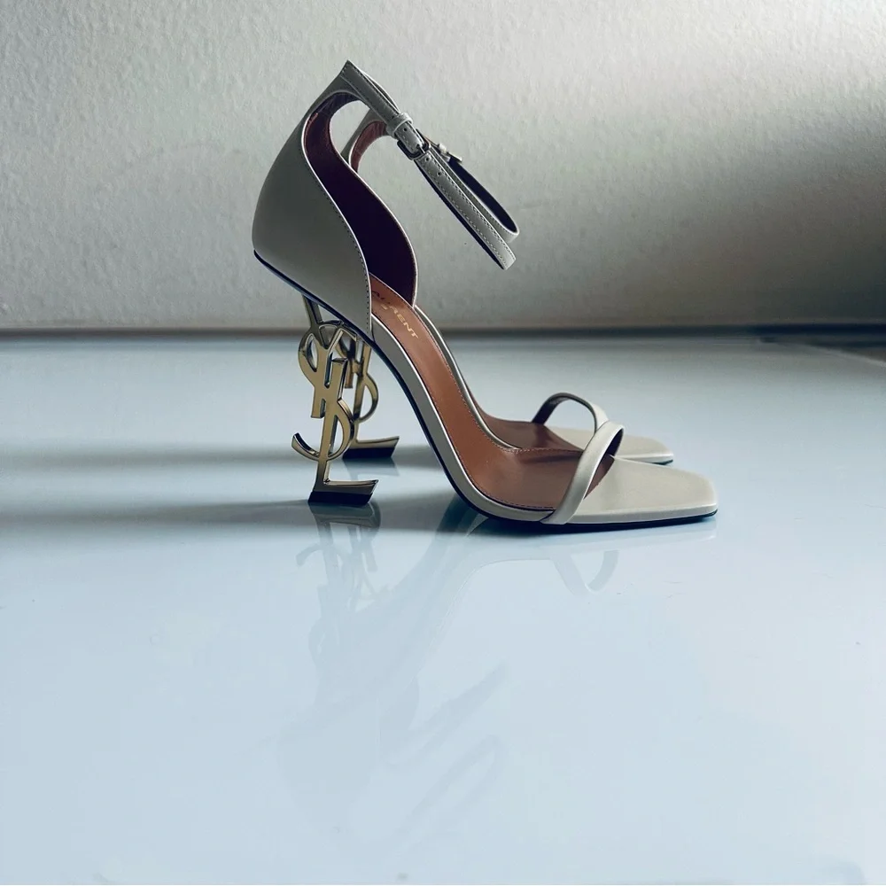 Saint Laurent Cream Heels with Gold Logo - Picture 6 of 11